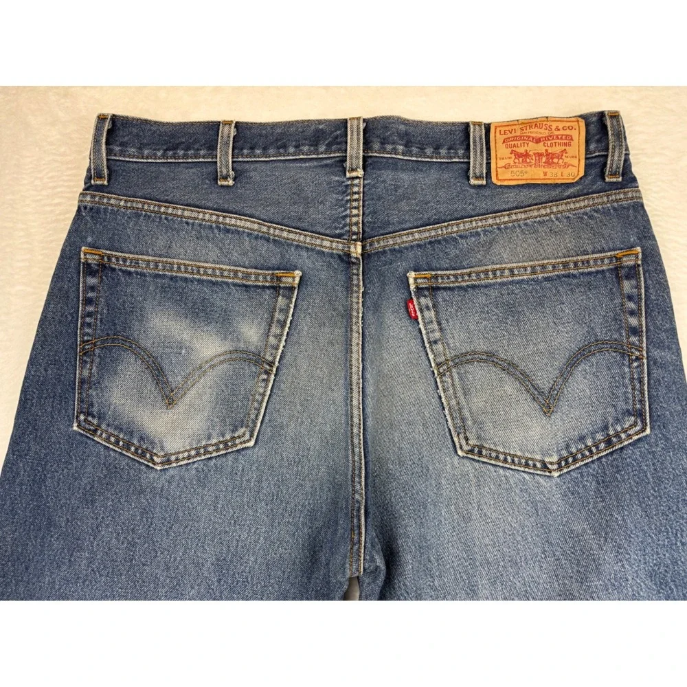 Levis 505 Men's 38x30 Y2K Medium Dark Wash Jeans Blue Distressed Waist Knee Fade